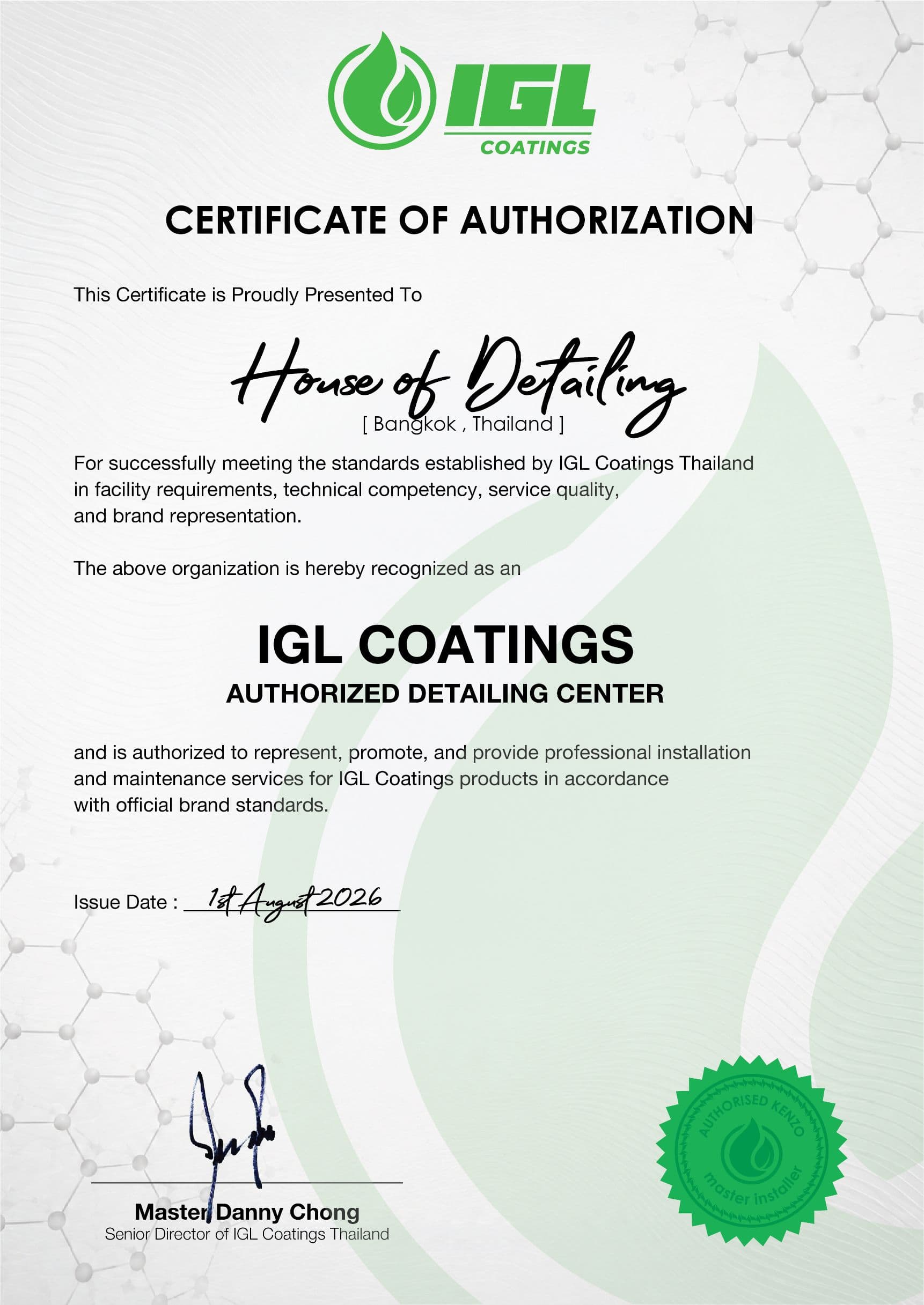 IGL Coatings certificate — Authorized Detailing Center